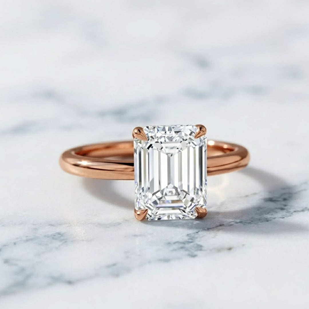 1.00 ct Emerald Cut Lab Grown Diamond Engagement Ring, Minimalist 14k Gold Classic Setting