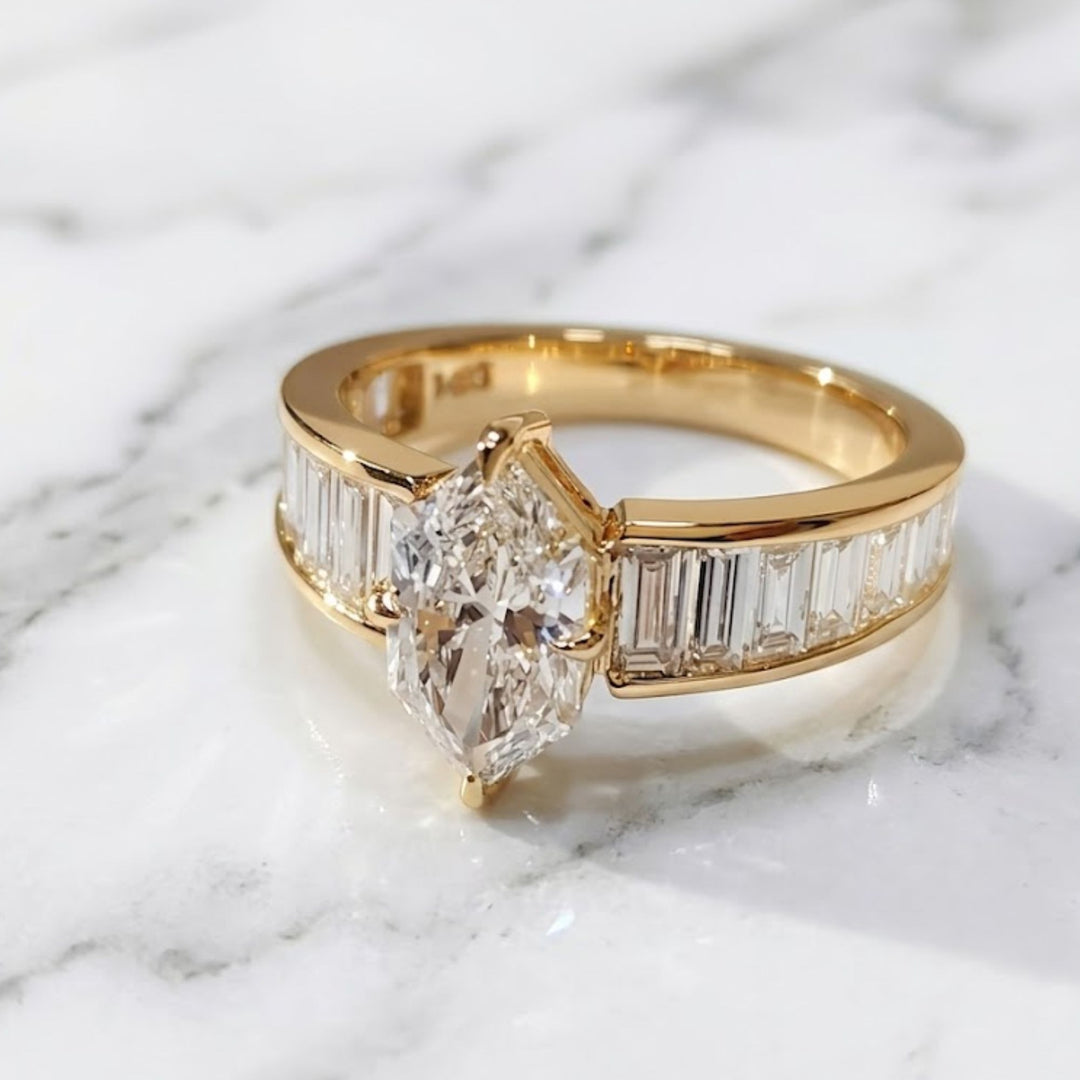 Marquise Cut 14K Gold Ring, Channel Baguette Shoulder Band, Bold Bridal Statement Ring, Lab Grown Diamond Anniversary Gift, Art Deco Ring