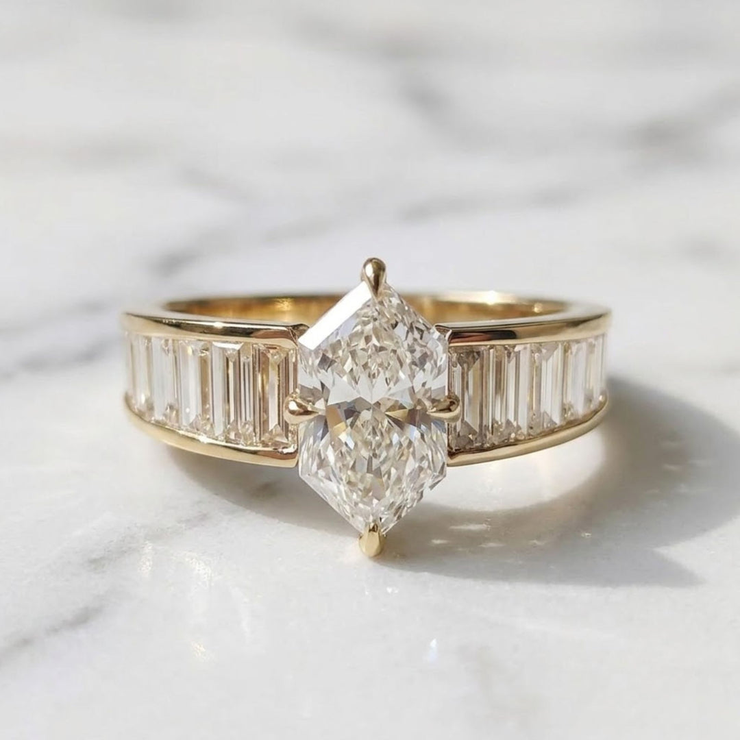 Marquise Cut 14K Gold Ring, Channel Baguette Shoulder Band, Bold Bridal Statement Ring, Lab Grown Diamond Anniversary Gift, Art Deco Ring