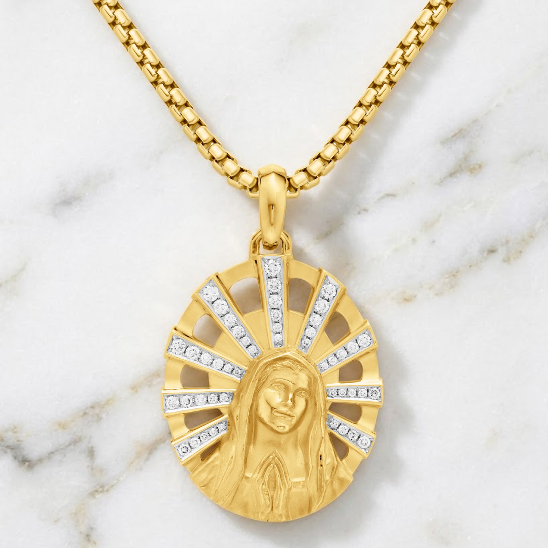 Virgin Mary Pendant in Solid Gold | Diamond Madonna Religious Necklace | Catholic Faith Jewelry