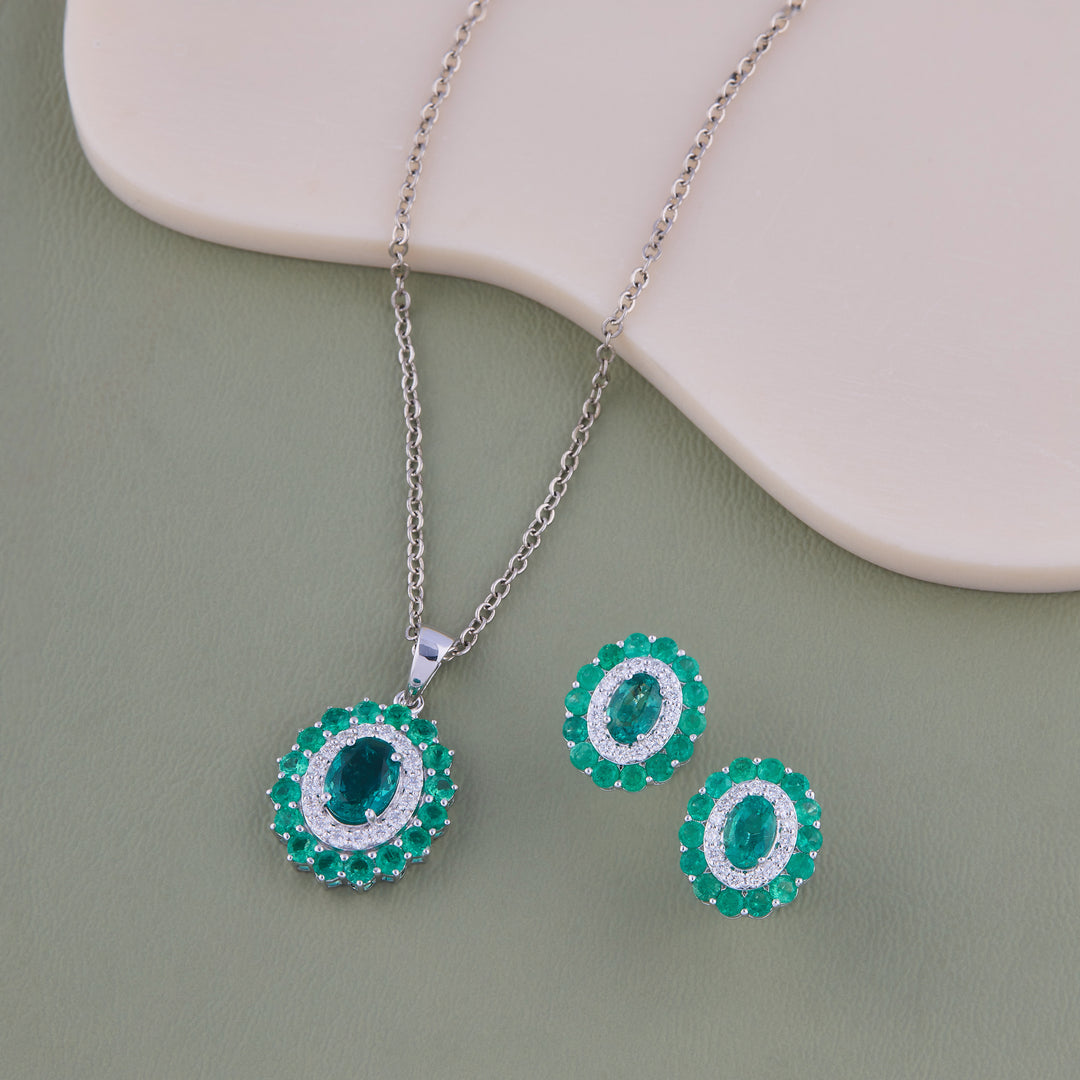 Emerald Halo Jewelry Set, Oval Green Diamond Pendant Necklace & Stud Earrings, 14K Gold, Luxury Bridal Gift
