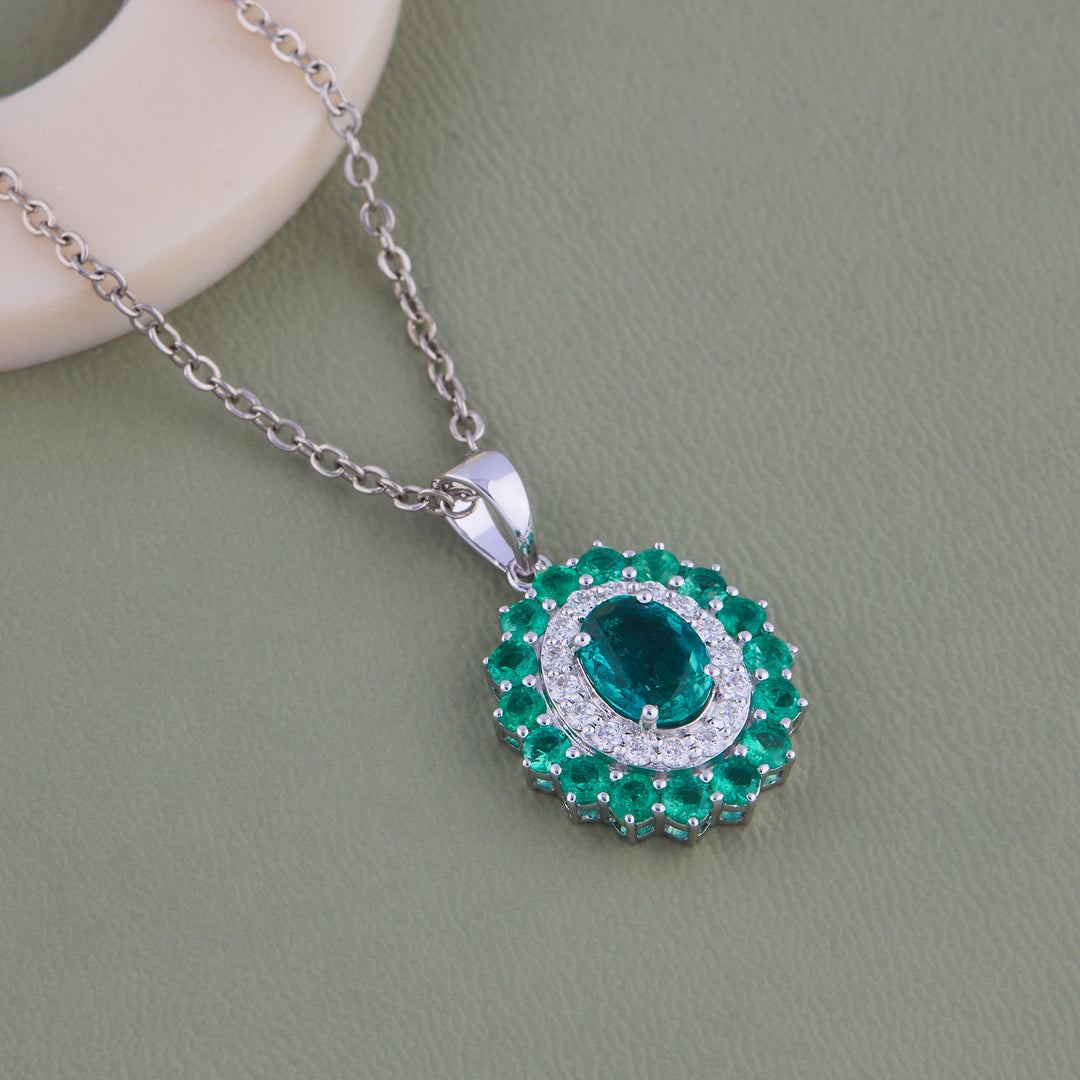 Emerald Halo Jewelry Set, Oval Green Diamond Pendant Necklace & Stud Earrings, 14K Gold, Luxury Bridal Gift