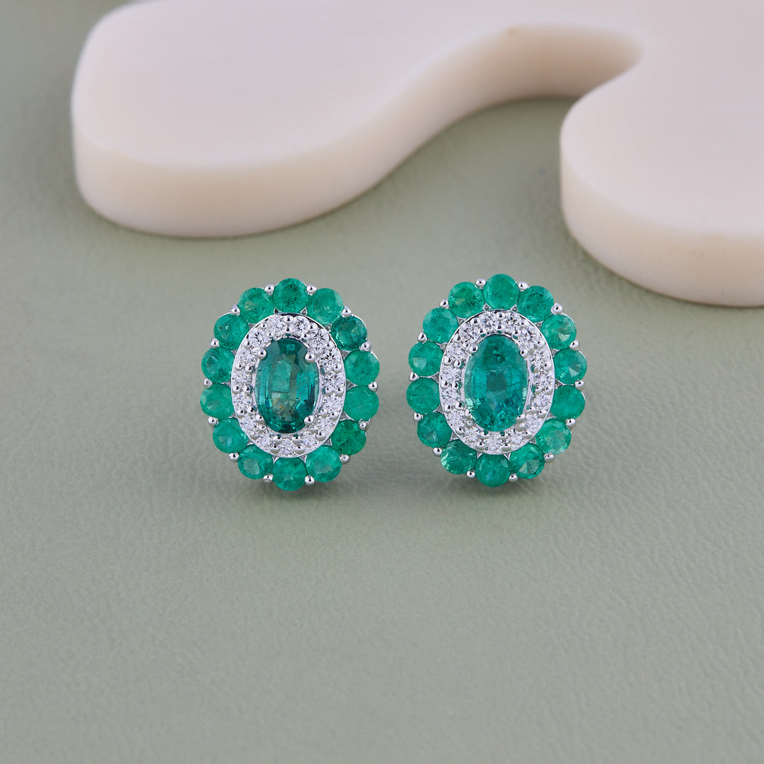 Emerald Halo Jewelry Set, Oval Green Diamond Pendant Necklace & Stud Earrings, 14K Gold, Luxury Bridal Gift