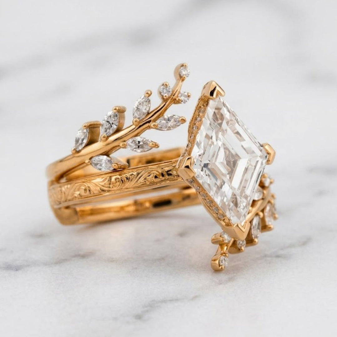 2.10 CT Lozenge Lab Grown Diamond Ring Set, Nature Inspired Engagement Ring, 14K Solid Gold