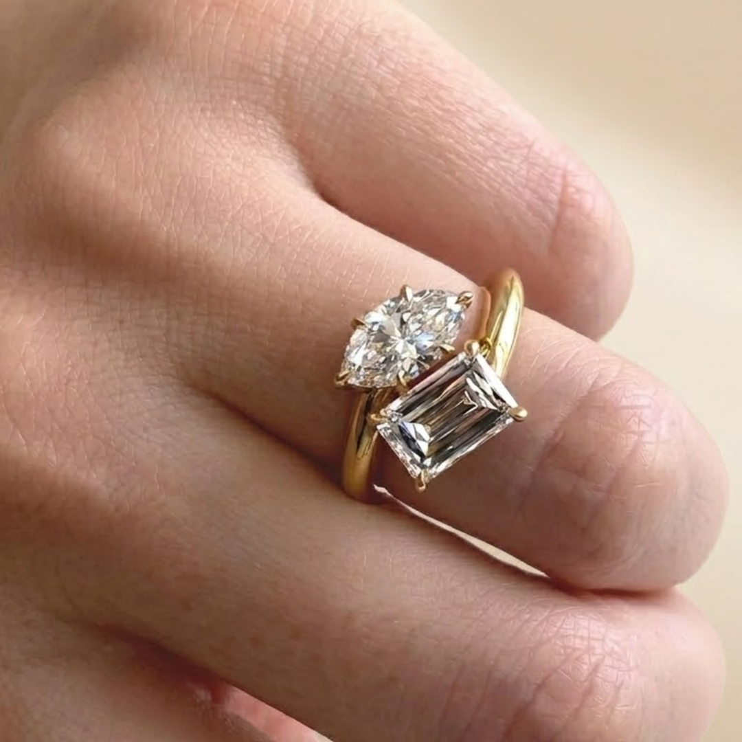 Toi et Moi Engagement Ring ,Emerald & Pear Cut Diamonds in 14k Gold,2.00 Ct F+ VS+ Vintage Style Solitaire Lab Grown Diamond