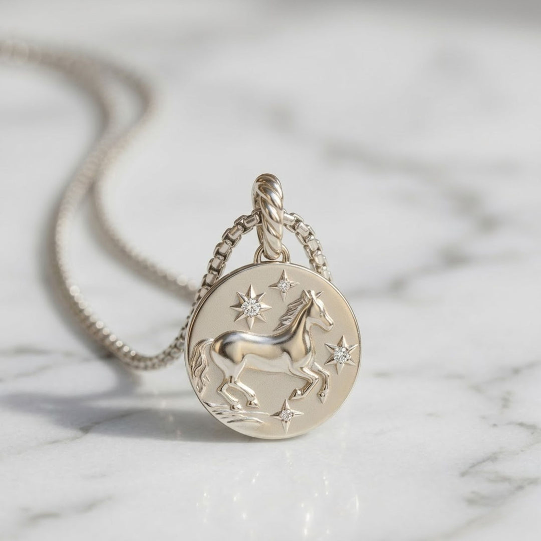 Gold Horse Pendant Necklace | Zodiac Horse Charm 14K Solid Gold | Equestrian Jewelry, Lucky Talisman, Celestial Amulet
