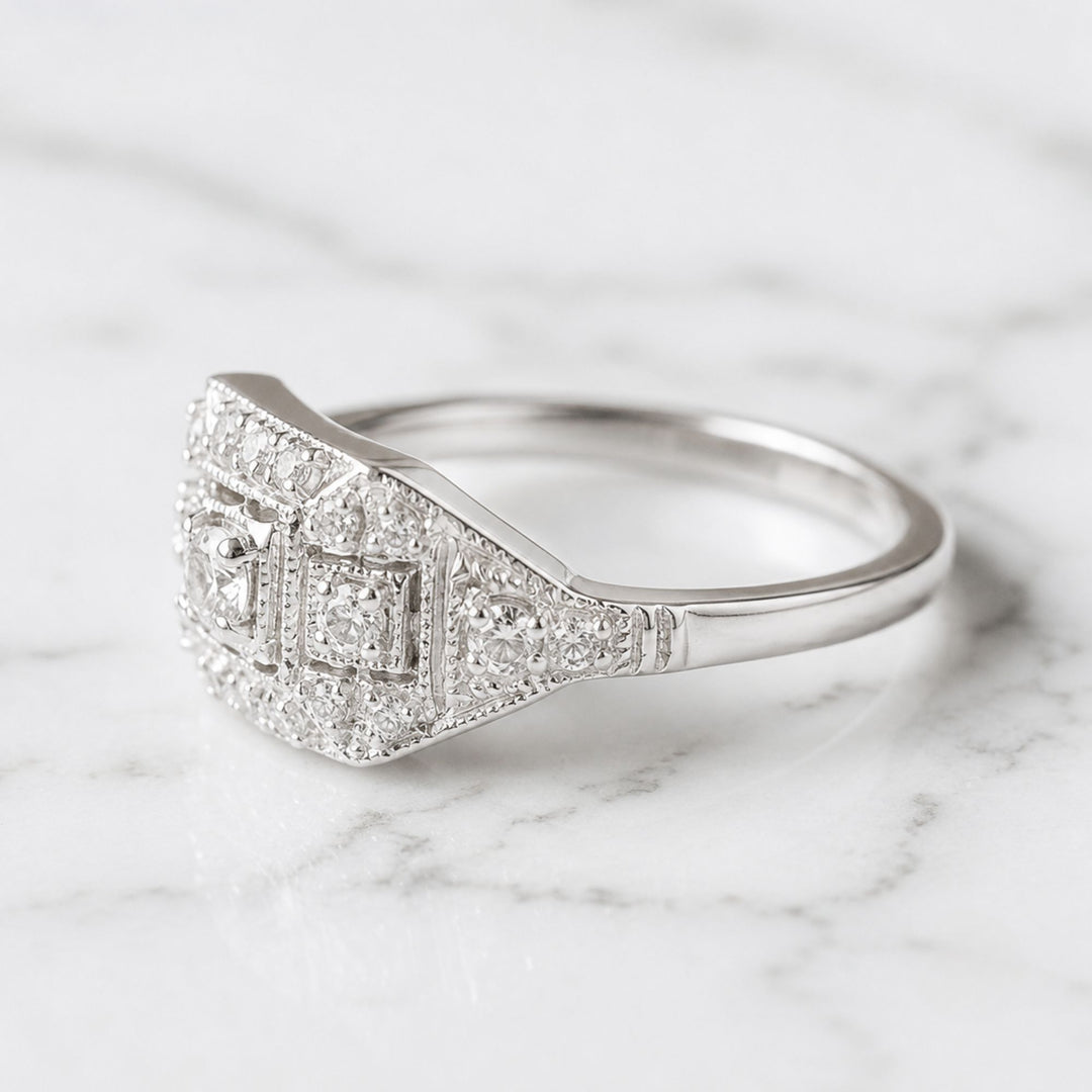 Art Deco Filigree Ring, Natural Diamonds, Milgrain Vintage Geometric Style, Diamond Cluster White Gold Ring, Edwardian Bridal Gift, Geometric Ring, Gift Her