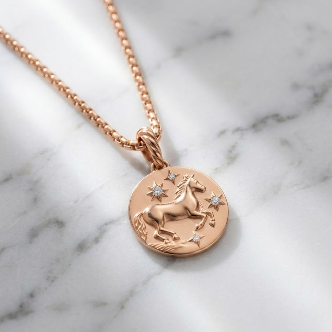 Gold Horse Pendant Necklace | Zodiac Horse Charm 14K Solid Gold | Equestrian Jewelry, Lucky Talisman, Celestial Amulet