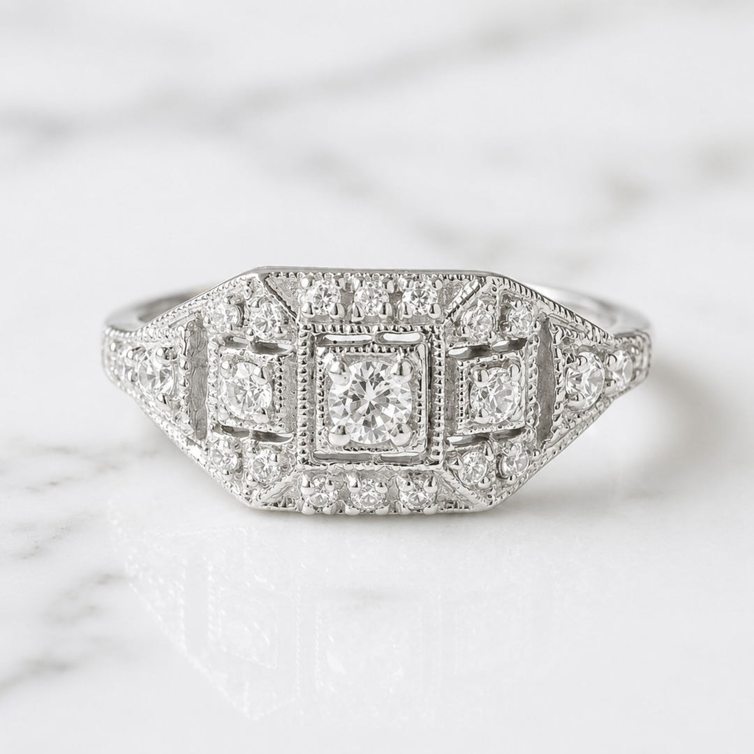 Art Deco Filigree Ring, Natural Diamonds, Milgrain Vintage Geometric Style, Diamond Cluster White Gold Ring, Edwardian Bridal Gift, Geometric Ring, Gift Her