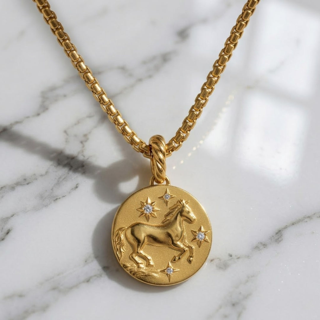 Gold Horse Pendant Necklace | Zodiac Horse Charm 14K Solid Gold | Equestrian Jewelry, Lucky Talisman, Celestial Amulet