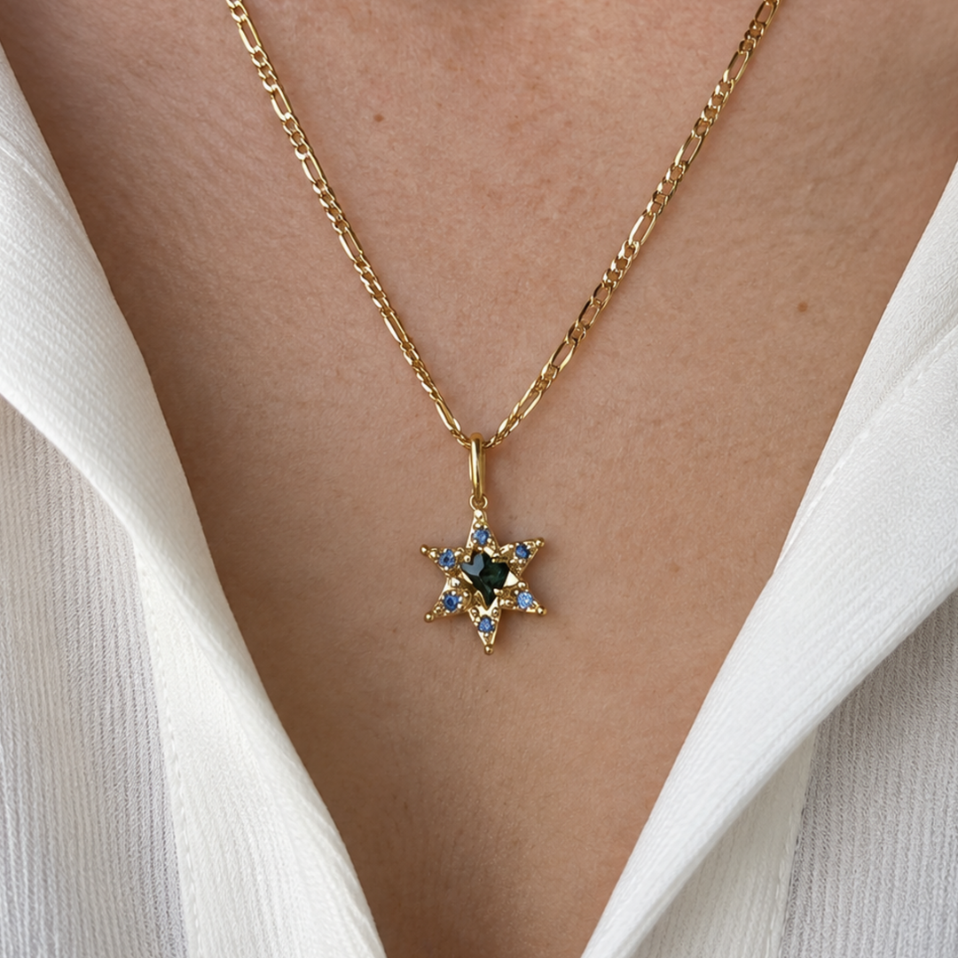 Natural Diamond Star Pendant in 14K Gold | Blue Sapphire Accent | Fine Diamond Jewelry