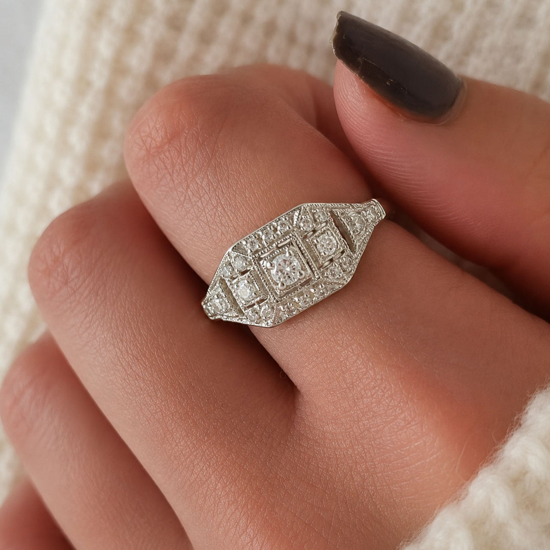 Art Deco Filigree Ring, Natural Diamonds, Milgrain Vintage Geometric Style, Diamond Cluster White Gold Ring, Edwardian Bridal Gift, Geometric Ring, Gift Her