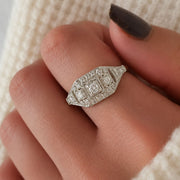 Art Deco Filigree Ring, Natural Diamonds, Milgrain Vintage Geometric Style, Diamond Cluster White Gold Ring, Edwardian Bridal Gift, Geometric Ring, Gift Her