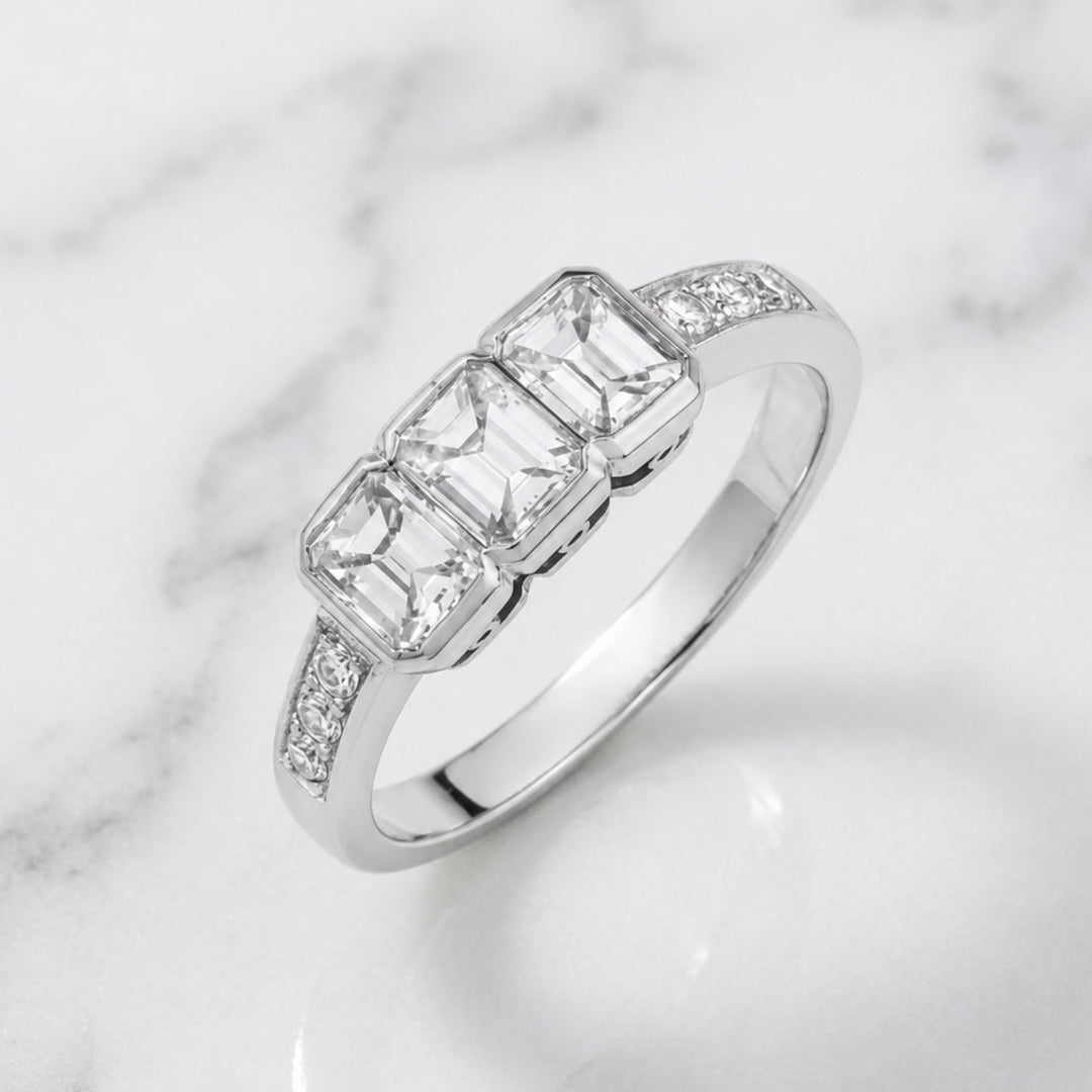 14K Solid Gold Natural Diamond, Three Stone Bezel Ring, Emerald Cut Trilogy, White Gold Pave Shoulder Bridal, Diamond Anniversary Gift, Art Deco Ring Gift