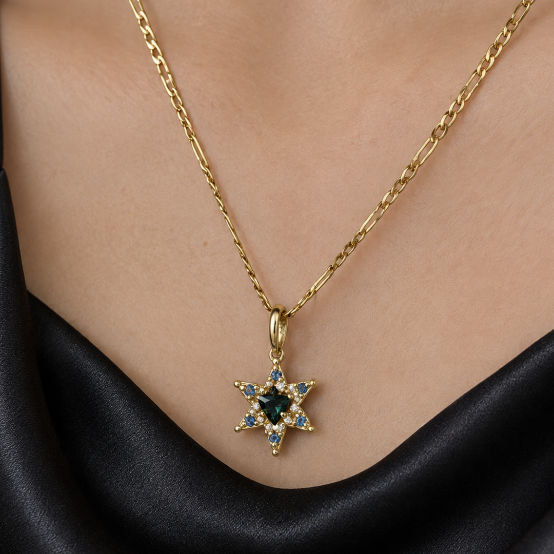 Natural Diamond Star Pendant in 14K Gold | Blue Sapphire Accent | Fine Diamond Jewelry