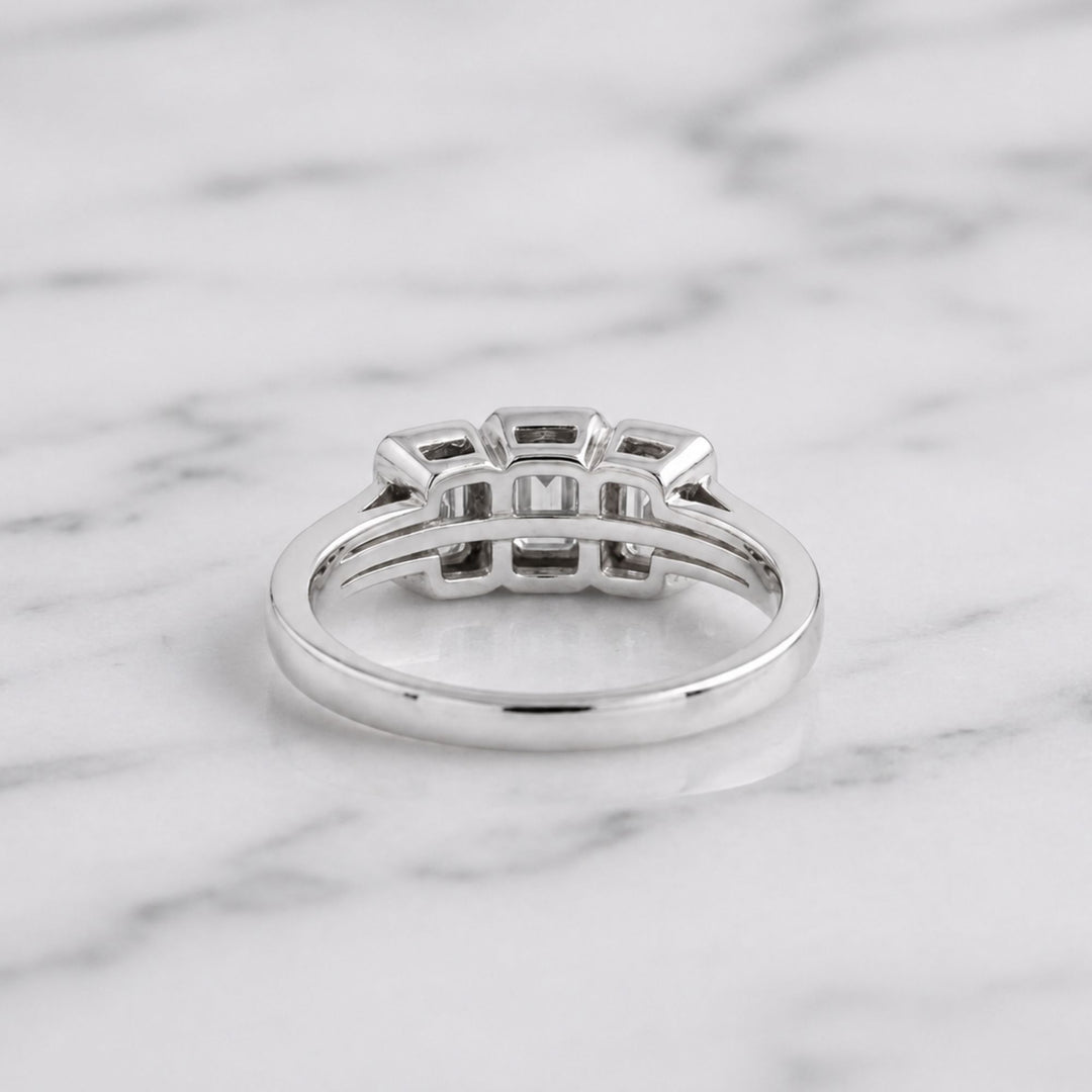 14K Solid Gold Natural Diamond, Three Stone Bezel Ring, Emerald Cut Trilogy, White Gold Pave Shoulder Bridal, Diamond Anniversary Gift, Art Deco Ring Gift