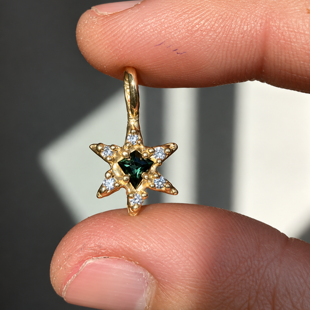 Natural Diamond Star Pendant in 14K Gold | Blue Sapphire Accent | Fine Diamond Jewelry