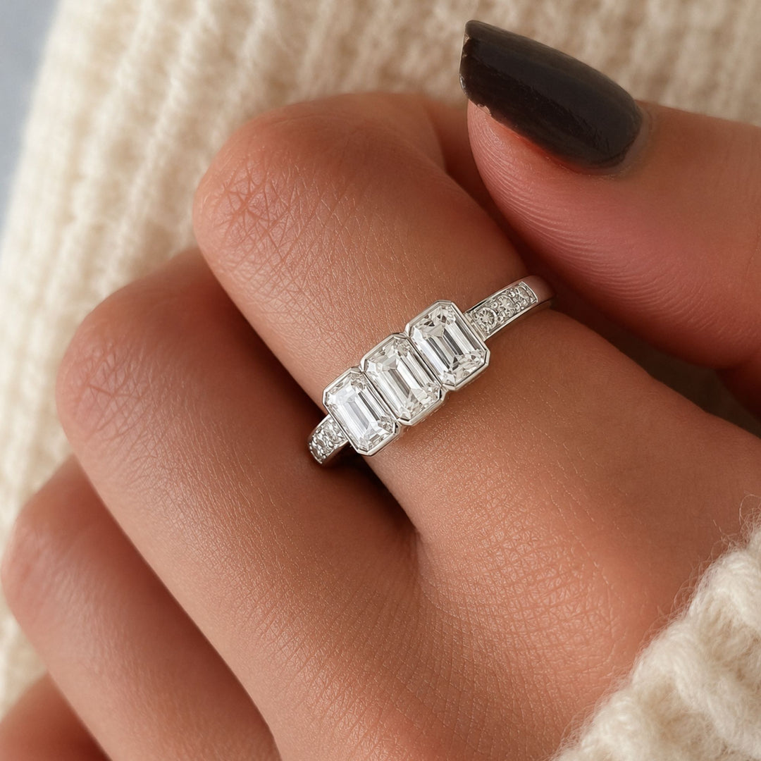 14K Solid Gold Natural Diamond, Three Stone Bezel Ring, Emerald Cut Trilogy, White Gold Pave Shoulder Bridal, Diamond Anniversary Gift, Art Deco Ring Gift