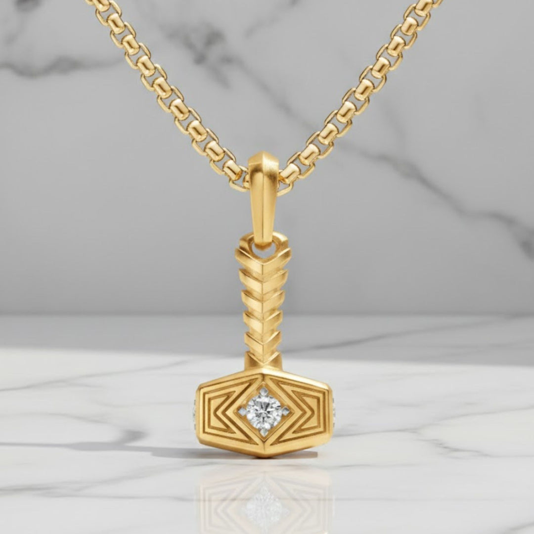 Diamond Thor Hammer Pendant 14K Yellow Gold Iced Out Viking Norse Jewelry Gift for Him