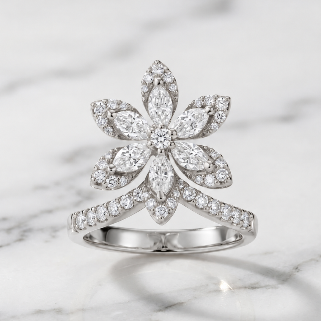 GIA Certified 1.00 Carat Natural Diamond Floral Ring | 14K Solid Gold Flower Cocktail Ring