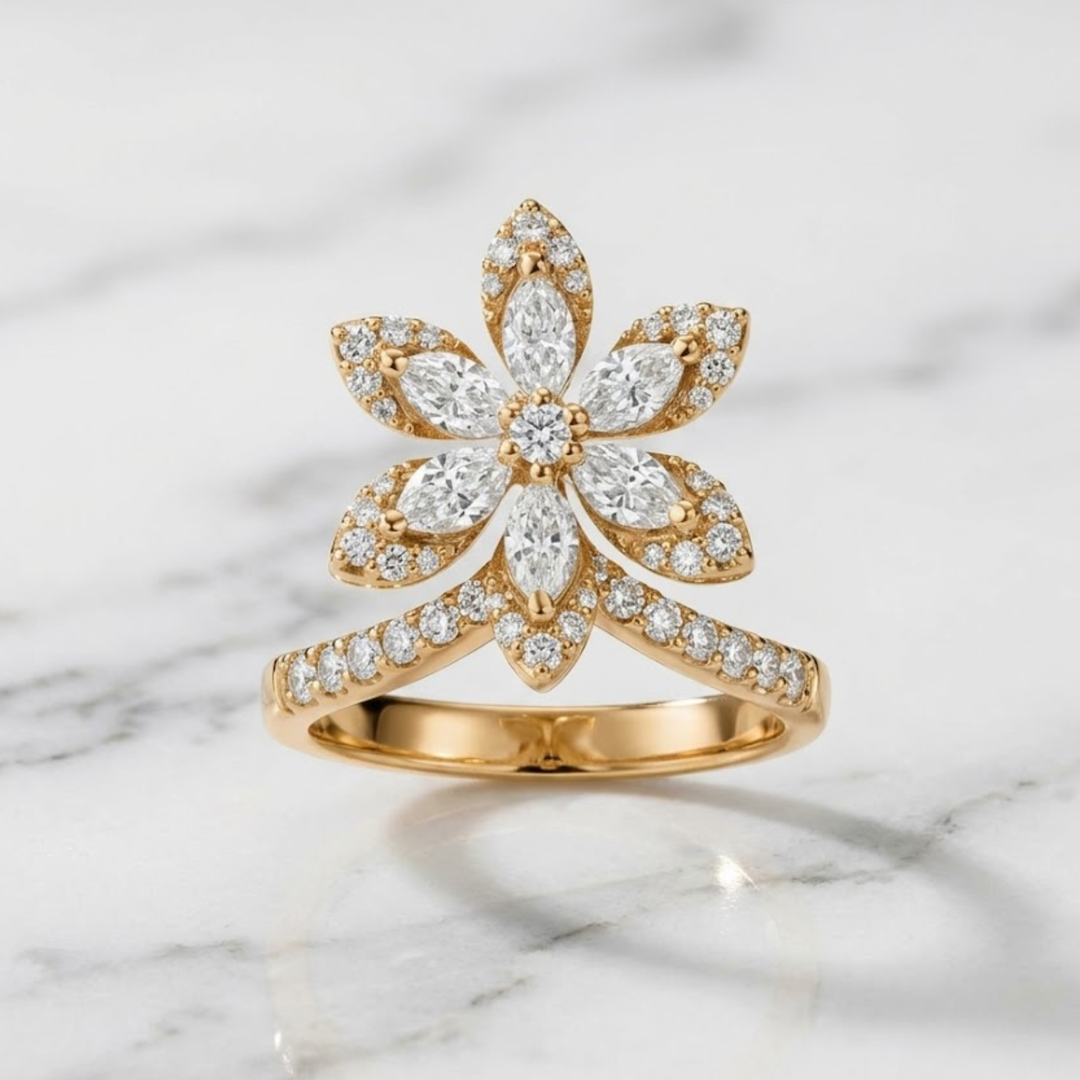 GIA Certified 1.00 Carat Natural Diamond Floral Ring | 14K Solid Gold Flower Cocktail Ring