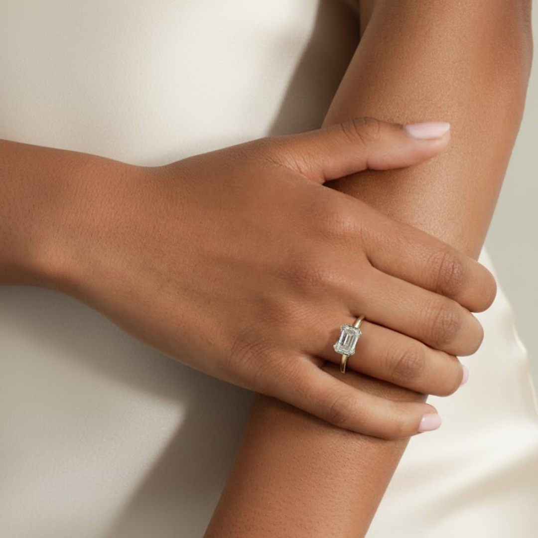 Emerald Half Bezel Lab Grown Diamond Engagement Ring, 1 to 3 CT Lab Created, Wedding Ring, Anniversary Gift, Solitaire Diamond Ring for her