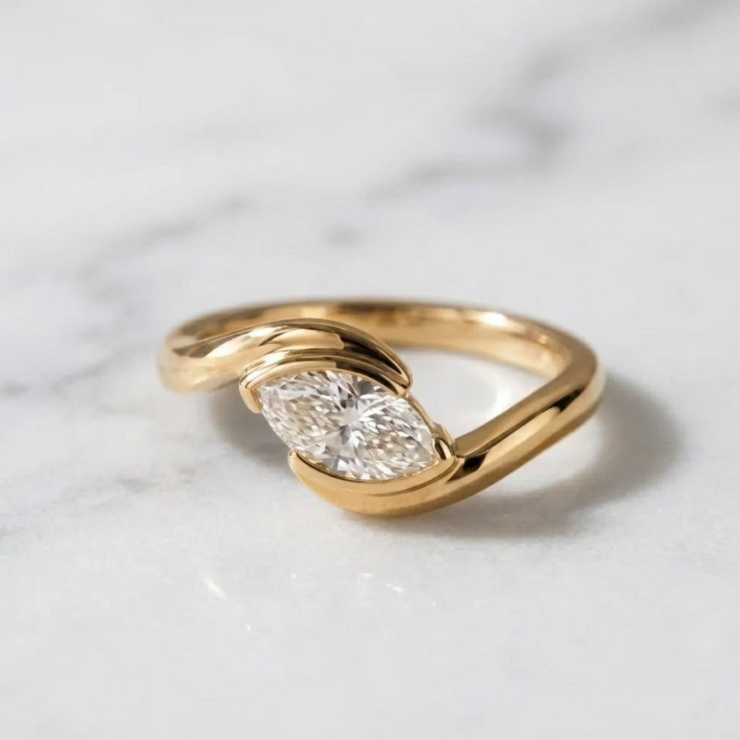 Lab Diamond Marquise Bezel Ring | East West Marquise Ring | Tension Set Marquise Ring | Gold Solitaire Ring | Unique Engagement Ring | Gift For Her