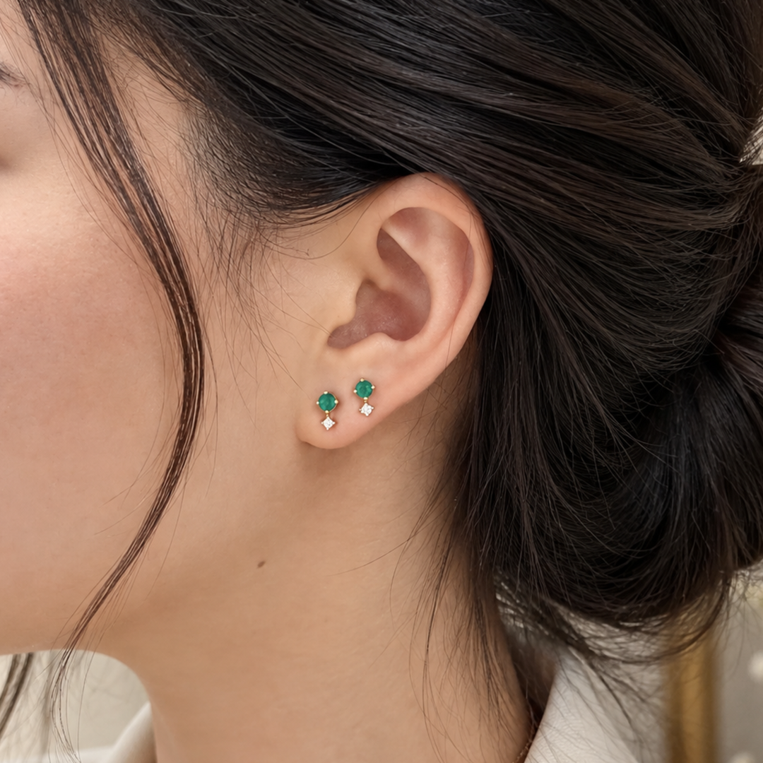 Natural Emerald & Diamond Dot Studs | 14K Solid Gold