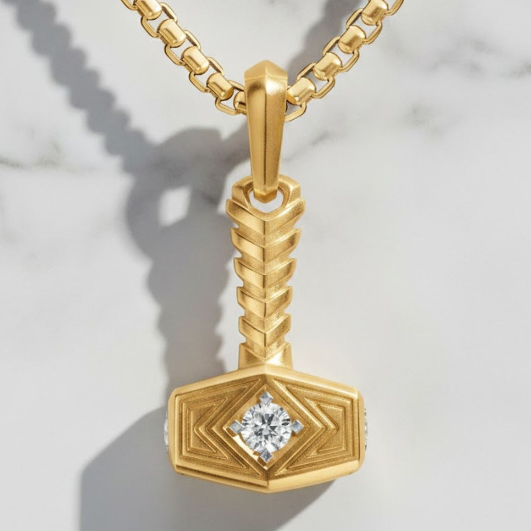Diamond Thor Hammer Pendant 14K Yellow Gold Iced Out Viking Norse Jewelry Gift for Him