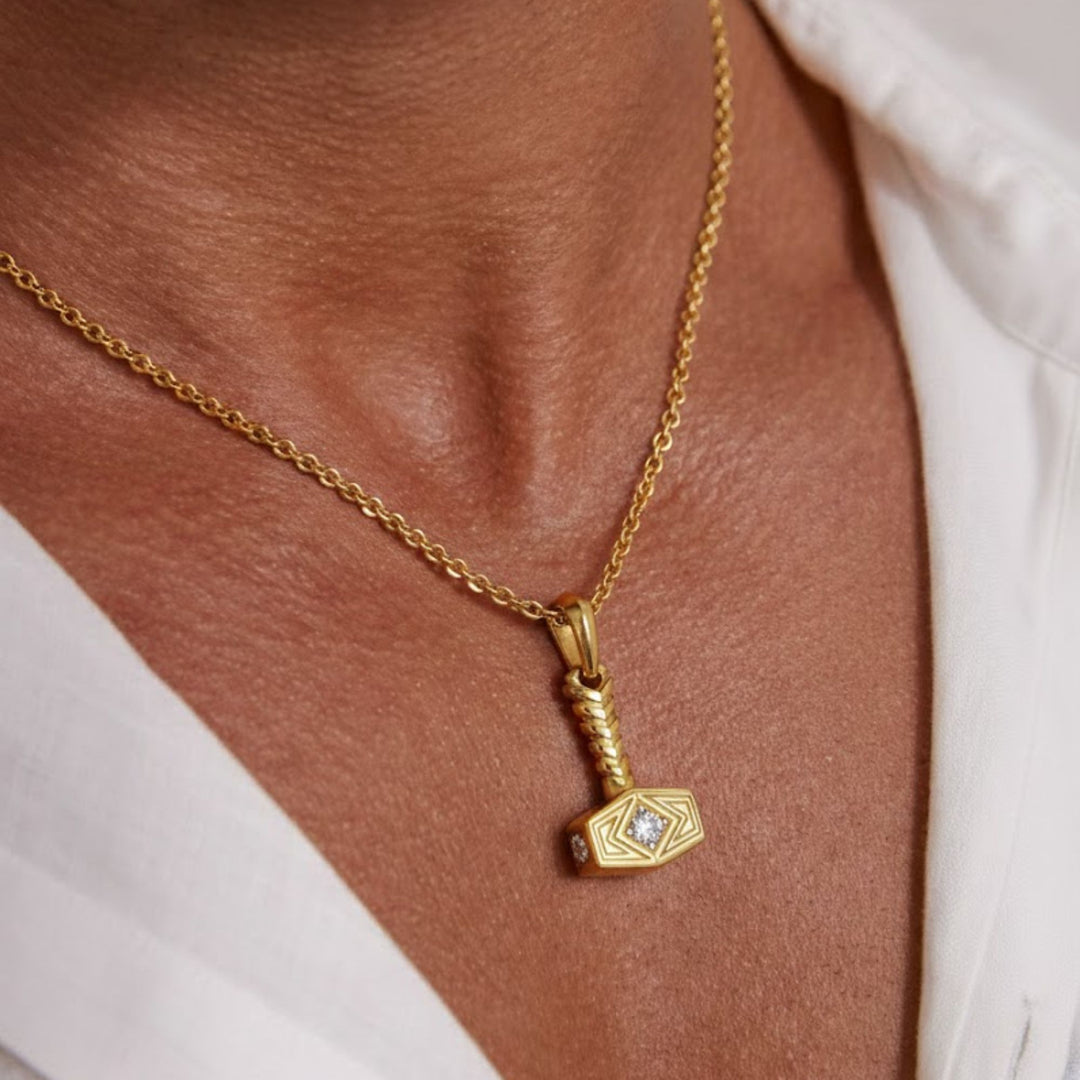 Diamond Thor Hammer Pendant 14K Yellow Gold Iced Out Viking Norse Jewelry Gift for Him