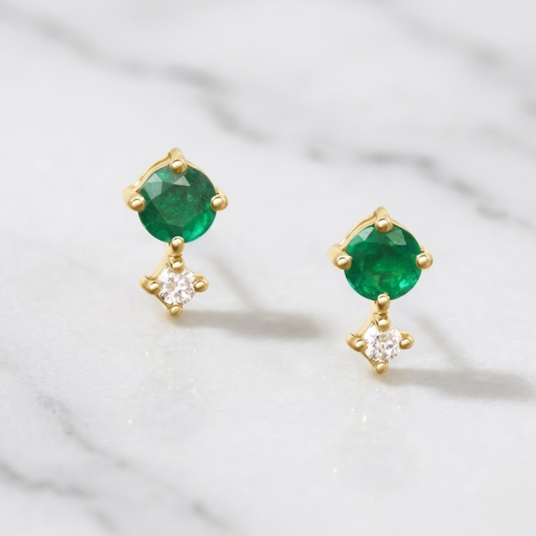 Natural Emerald & Diamond Dot Studs | 14K Solid Gold