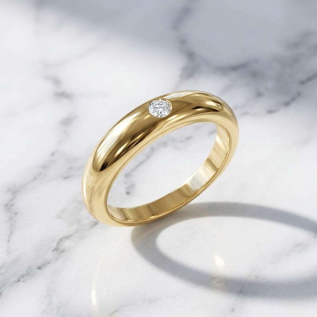 14K Yellow Gold Band, Rounded Dome Single Diamond Band, Premium Diamond Dome Ring Statement Stackable Diamond Ring for Women, Gift for Her