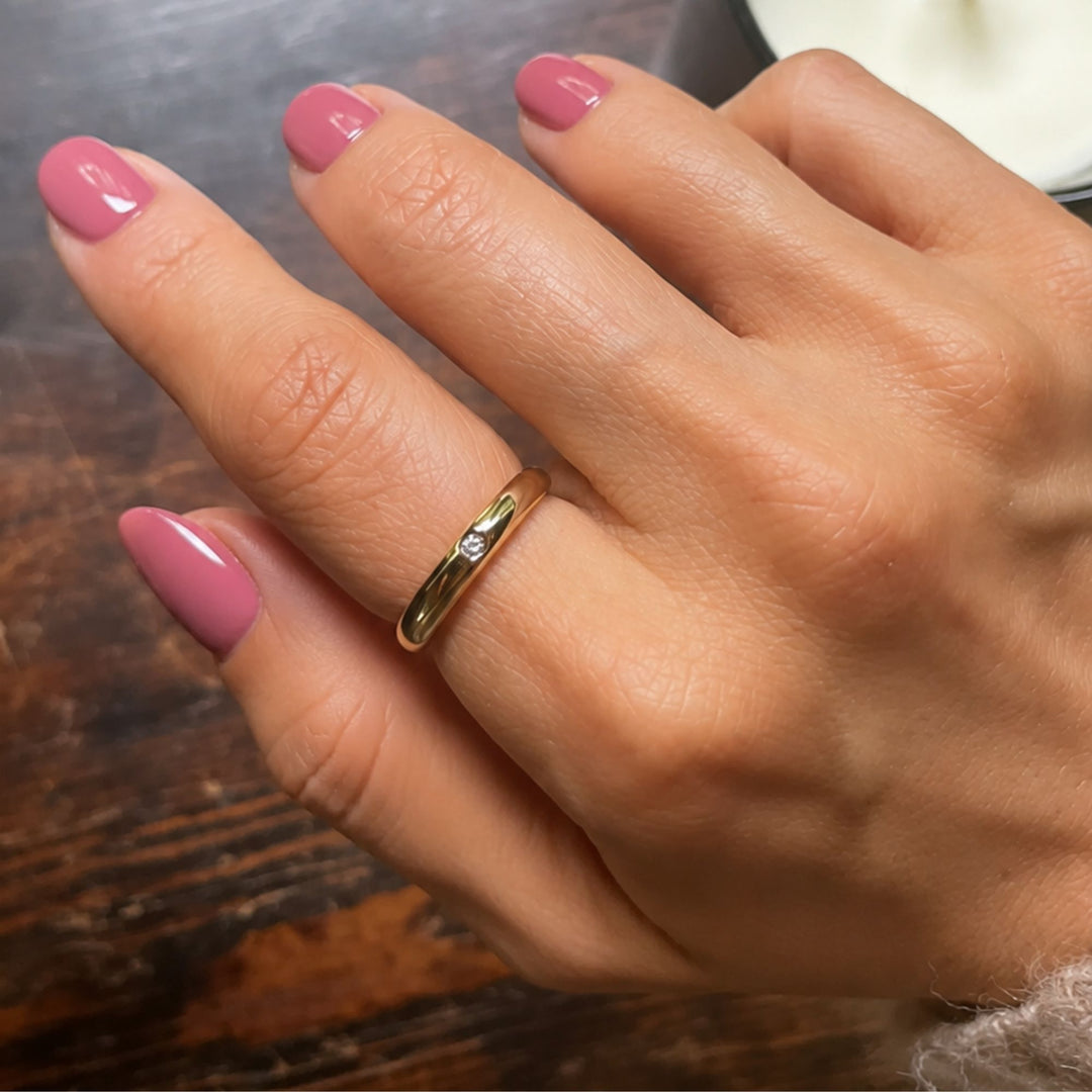 14K Yellow Gold Band, Rounded Dome Single Diamond Band, Premium Diamond Dome Ring Statement Stackable Diamond Ring for Women, Gift for Her