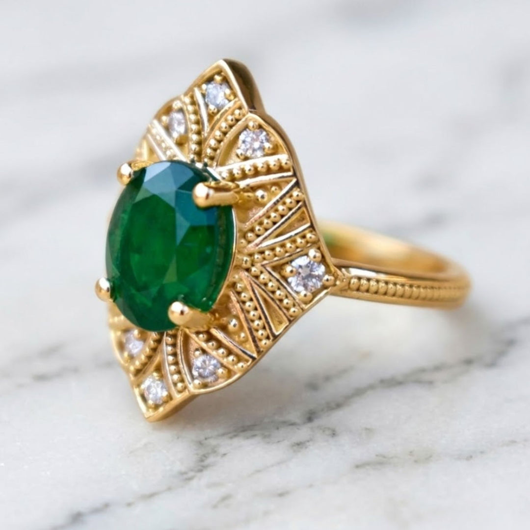 Art Deco Natural Emerald Oval Cut Engagement Ring With Diamonds 14K Solid Yellow Gold