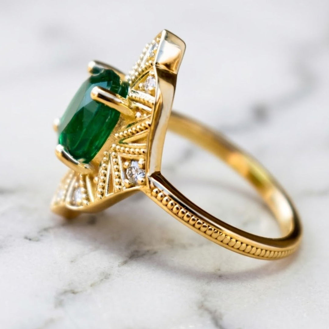 Art Deco Natural Emerald Oval Cut Engagement Ring With Diamonds 14K Solid Yellow Gold