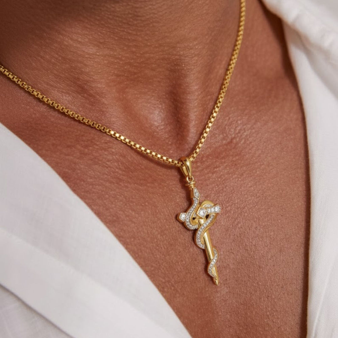 Gold Snake Pendant Necklace 14K Solid Gold Mythology, Pave Set, Custom Metal & Carat Options, Water Resistant, Zodiac Charm