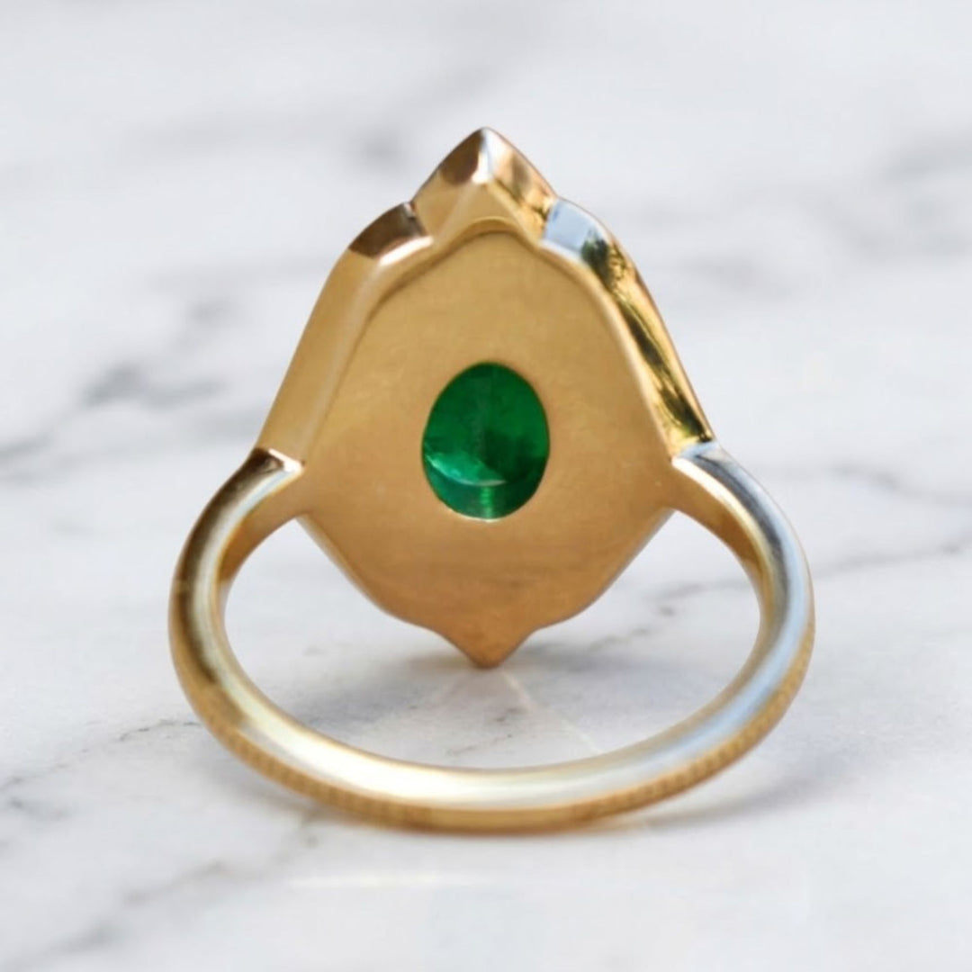 Art Deco Natural Emerald Oval Cut Engagement Ring With Diamonds 14K Solid Yellow Gold