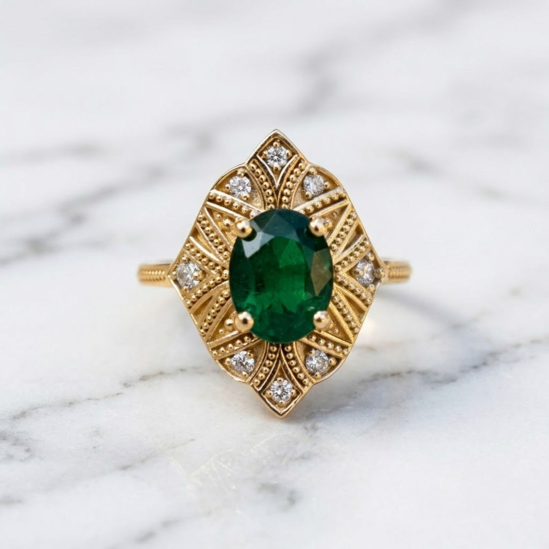 Art Deco Natural Emerald Oval Cut Engagement Ring With Diamonds 14K Solid Yellow Gold