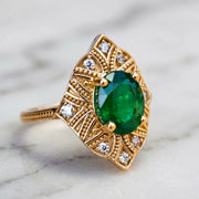 Art Deco Natural Emerald Oval Cut Engagement Ring With Diamonds 14K Solid Yellow Gold