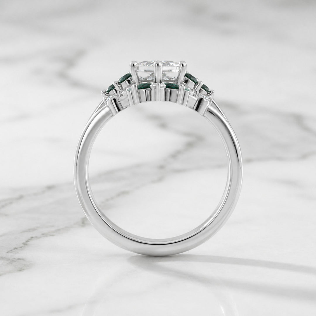 Hexagon Lab Grown Diamond and Natural Sapphire Engagement Ring Set 14K Solid Gold