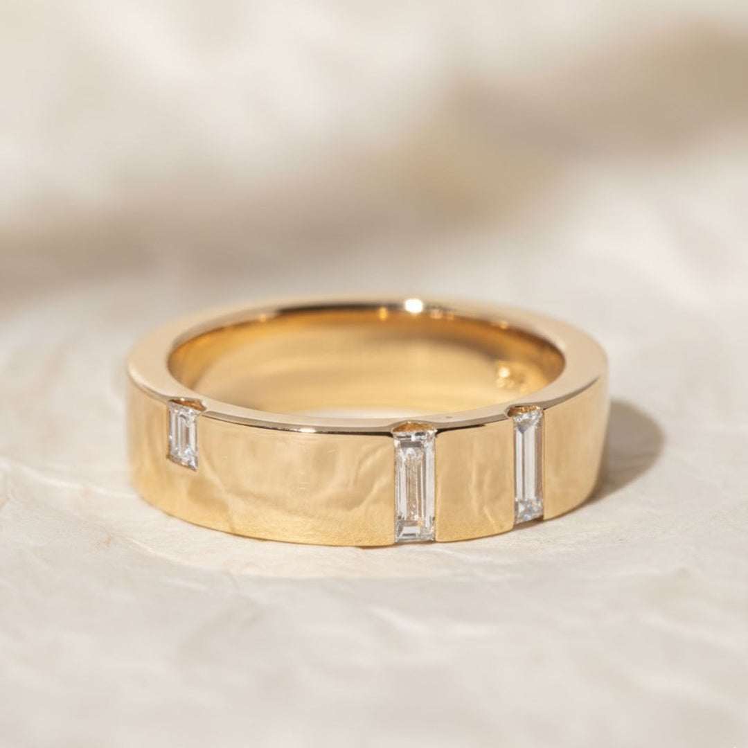 Gold Wedding Band with Baguette Diamonds,14K Solid Gold Engagement Ring, Diamond Wedding Band for Husband, Elegant Gold Ring Wide Band