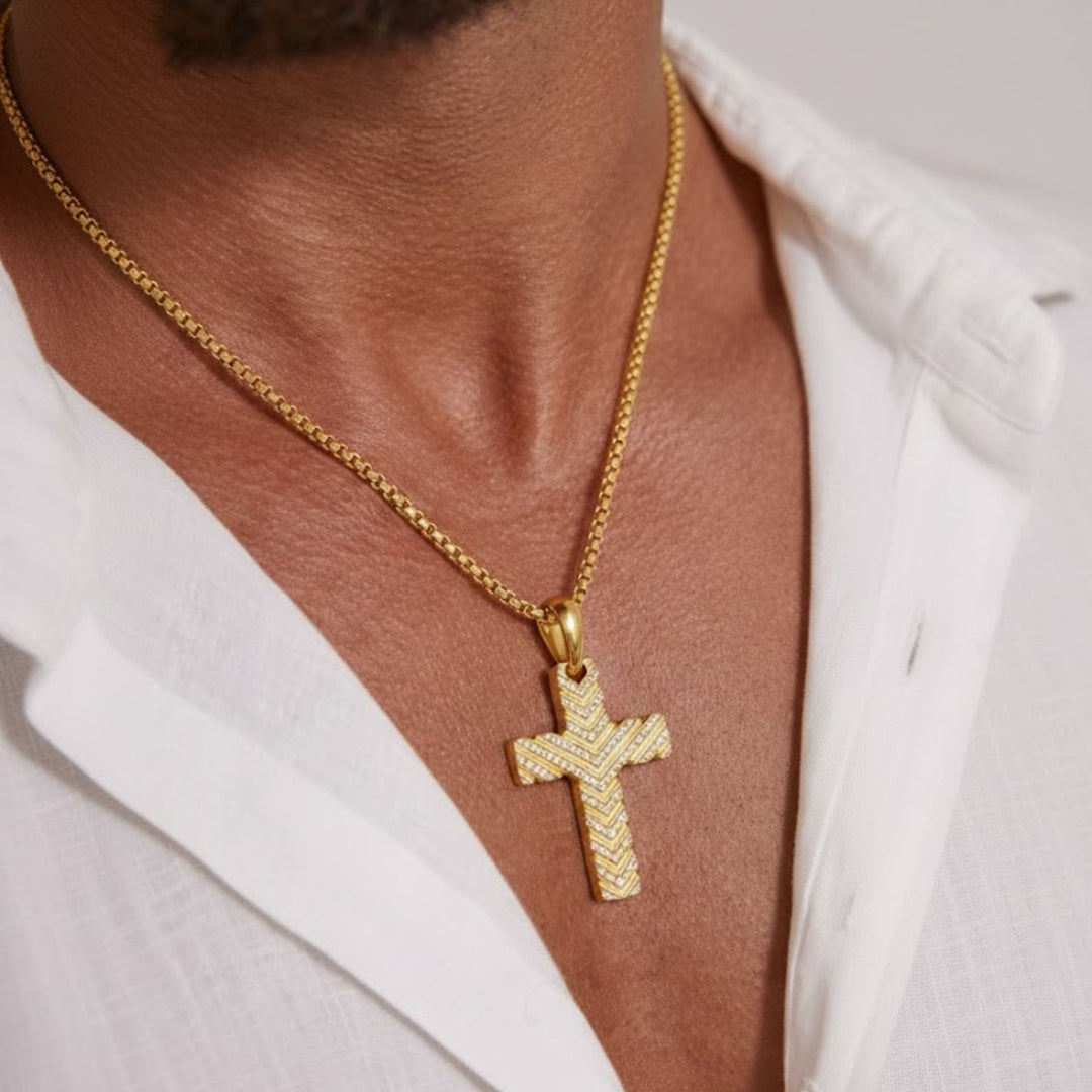 Cross Necklace for Man , Chevron Cross For Men Necklace, Box Chain Necklace for Man, 14K Solid Gold cross pendant, Fathers Day Gifts