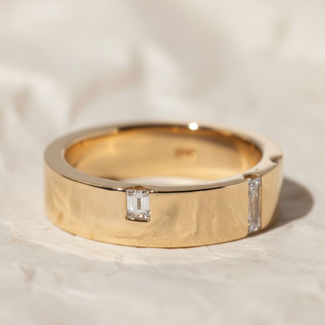 Gold Wedding Band with Baguette Diamonds,14K Solid Gold Engagement Ring, Diamond Wedding Band for Husband, Elegant Gold Ring Wide Band