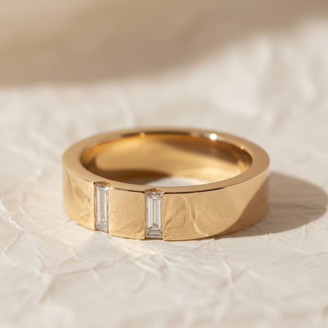Gold Wedding Band with Baguette Diamonds,14K Solid Gold Engagement Ring, Diamond Wedding Band for Husband, Elegant Gold Ring Wide Band