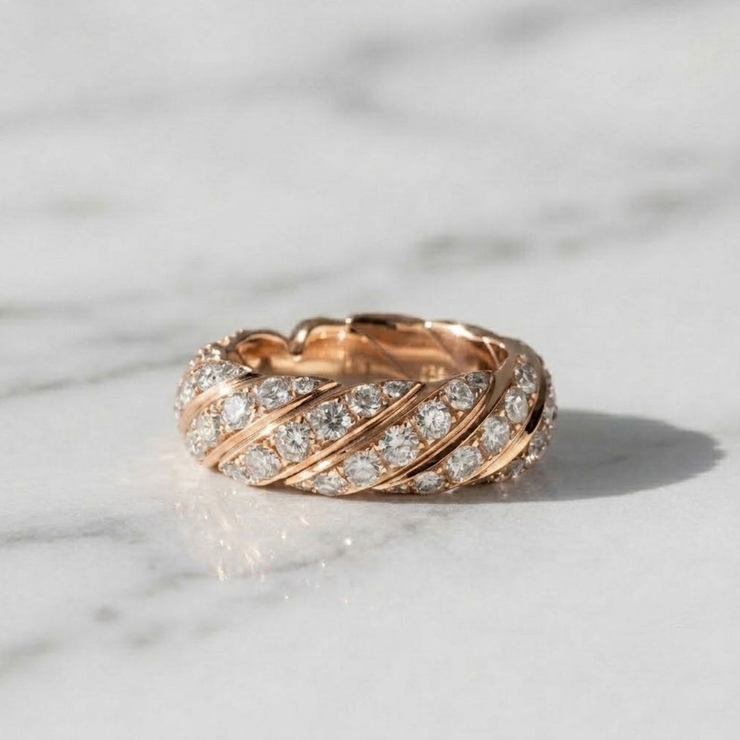 14k Gold Rope Braid Stack Ring with Micro Pave Diamonds Ring