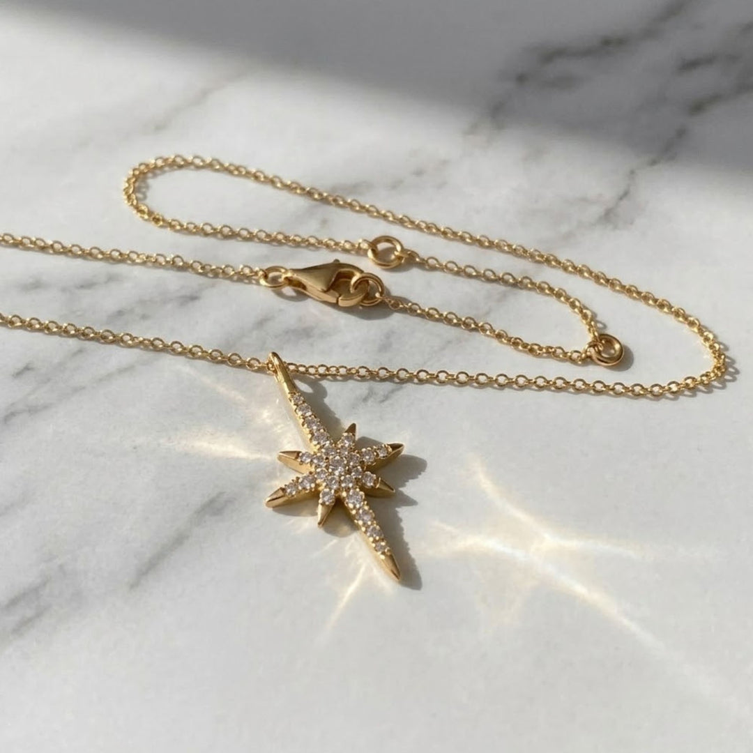 North Star Diamond Necklace in Solid Gold | Celestial Starburst Pendant | Lab Grown Diamond Pave Necklace | Minimal Dainty Gift for Her