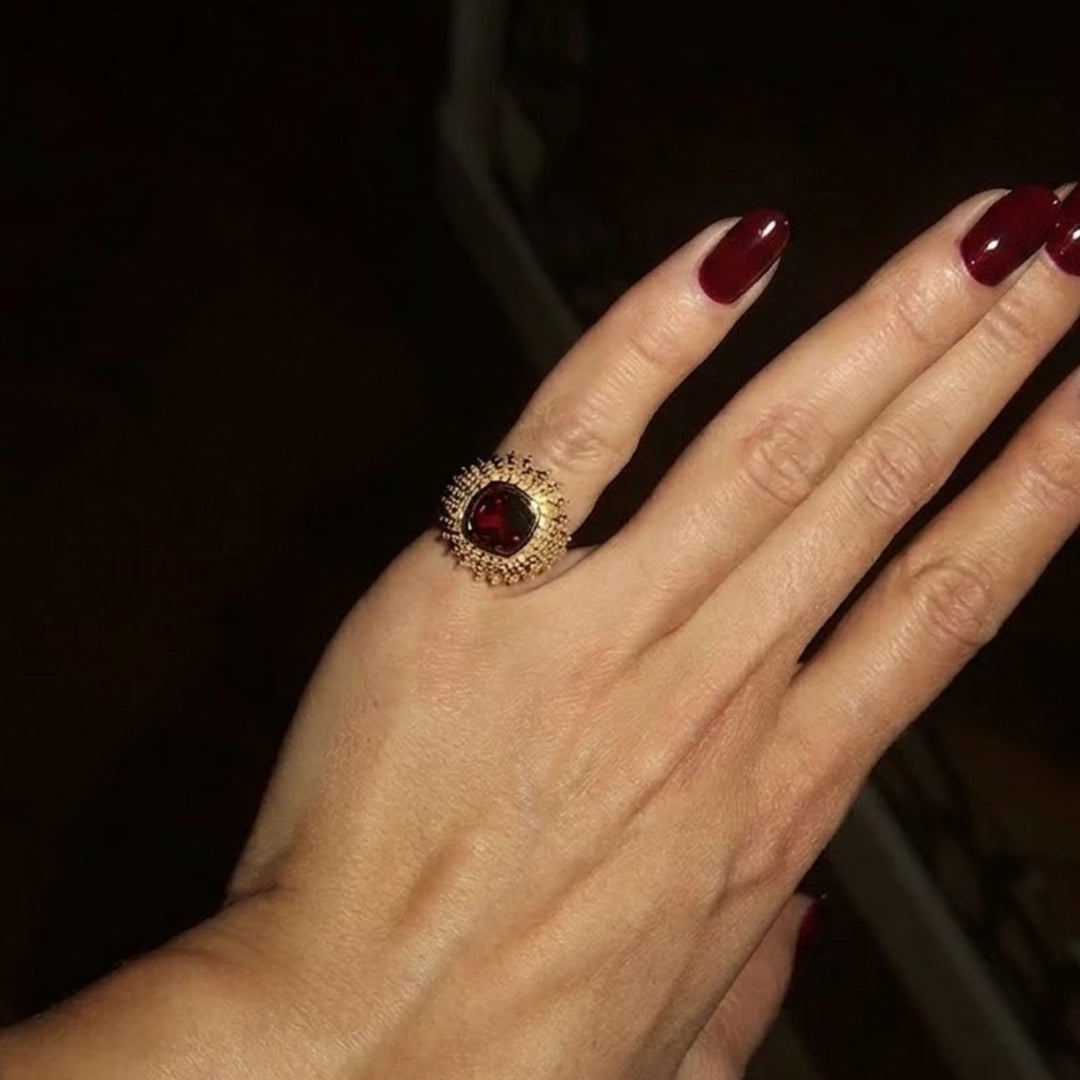 Royal Sunburst Cushion Ruby Gold Ring 18KT Solid Gold