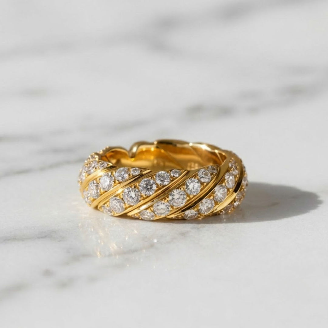 14k Gold Rope Braid Stack Ring with Micro Pave Diamonds Ring