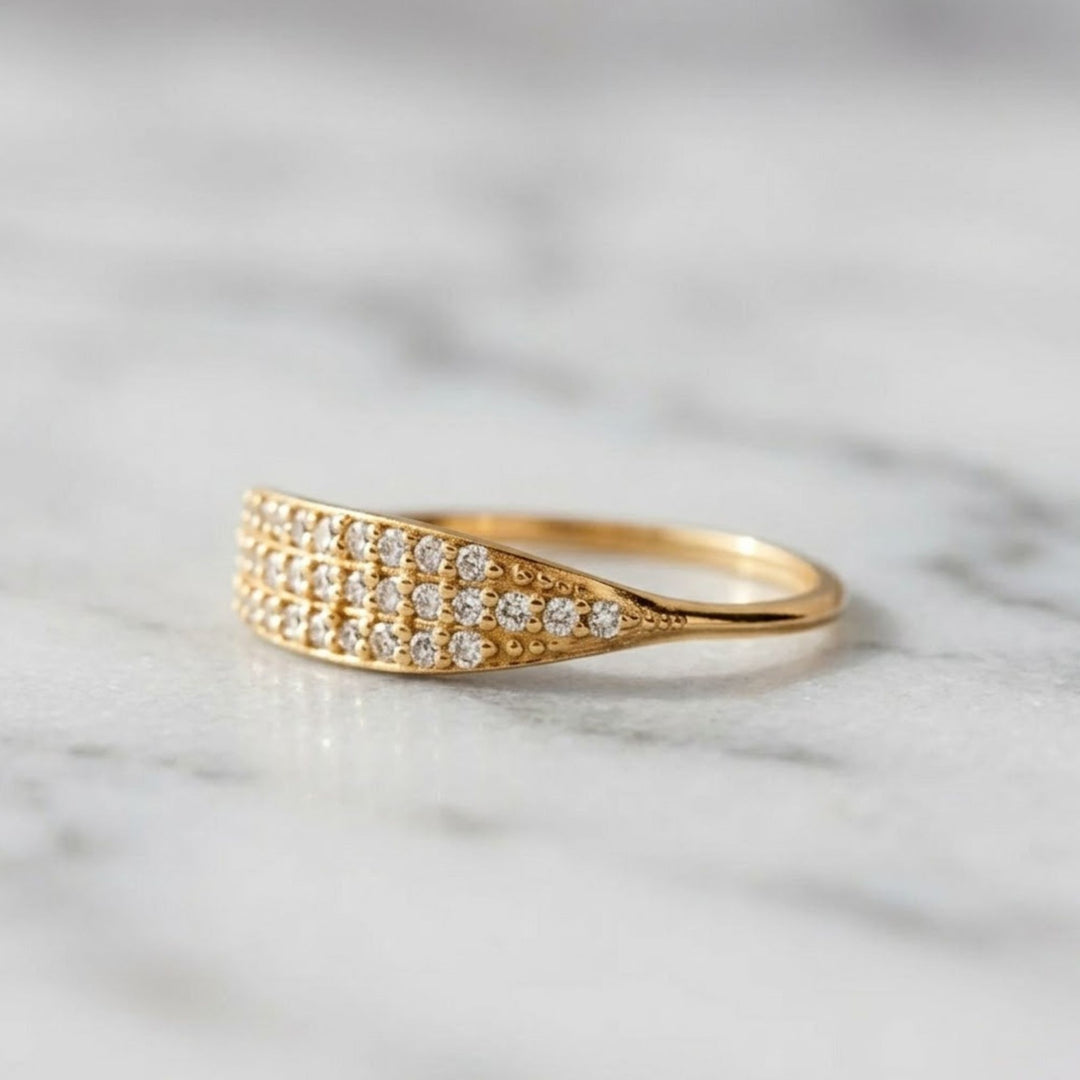Lab Grown Diamond Pave Ring, 14K-18K Gold Beaded Band, Statement Anniversary Gift for Wife, BFF, Gf, Love Band, VS+ Clarity, F+ Color