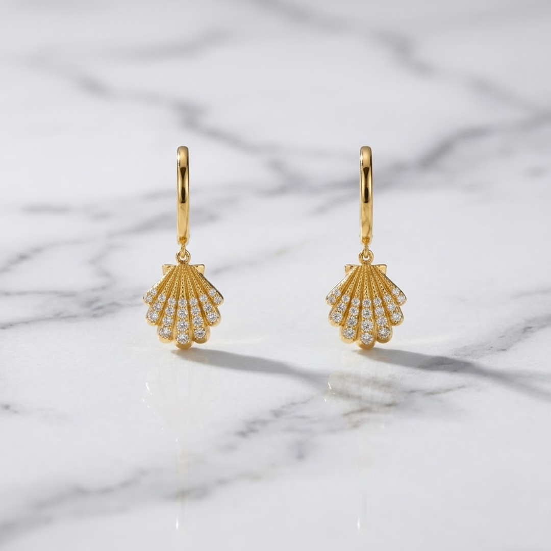 18K Solid Gold Natural Diamonds Sea Shell Earrings